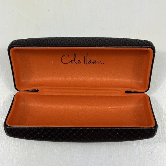 Cole Haan Brown Leather Orange Felt Hard Shell Sunglass Case Eyeglasses Designer - Picture 1 of 4